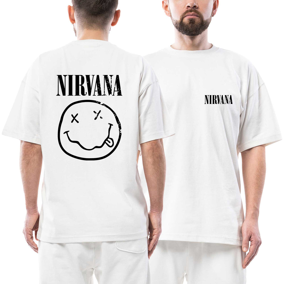 Nirvana Black Text Face Ön Arka Baskılı Beyaz Oversize Tişört