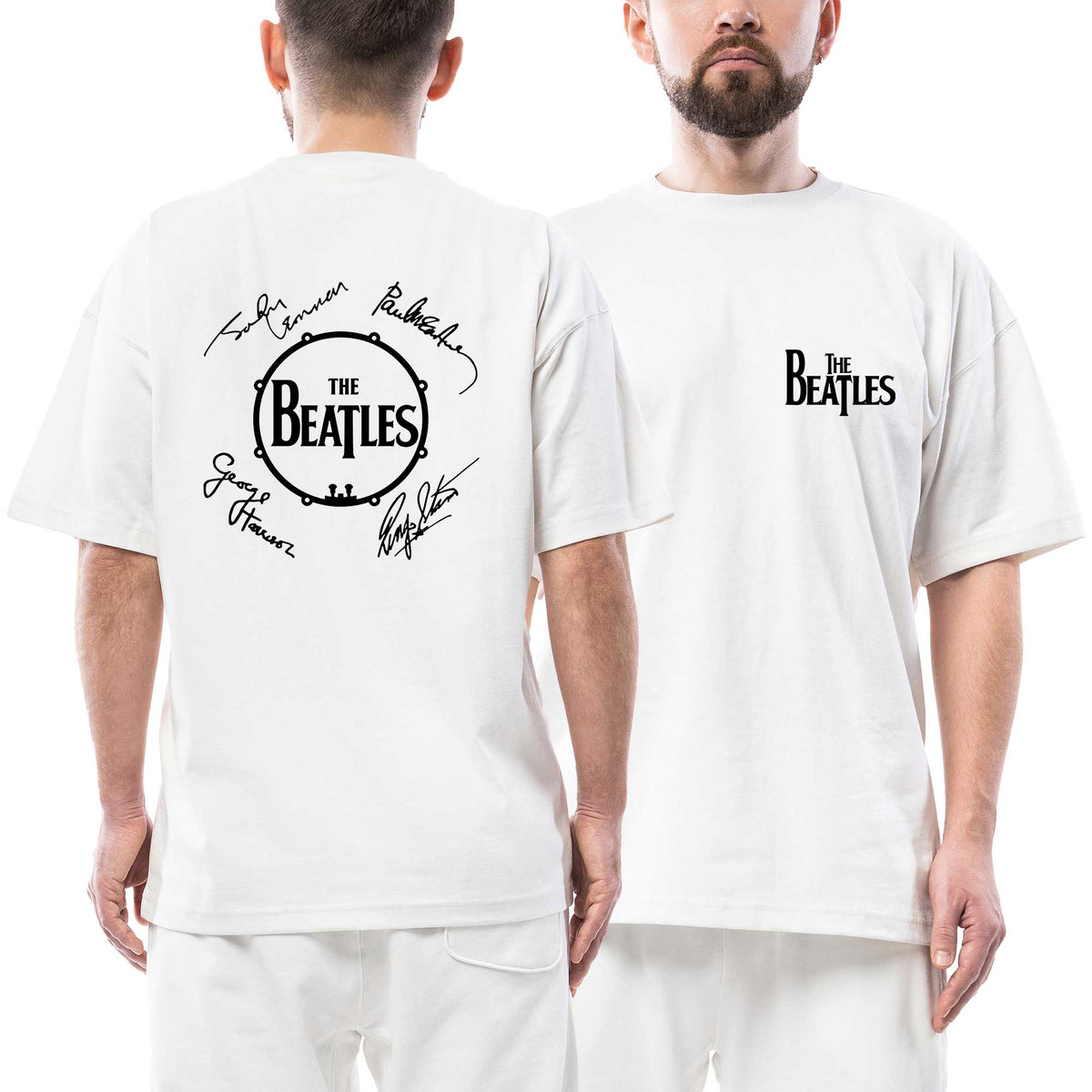 The Beatles Logo ve Üyelerin imzaları Ön Arka Baskılı Siyah Oversize Tişört