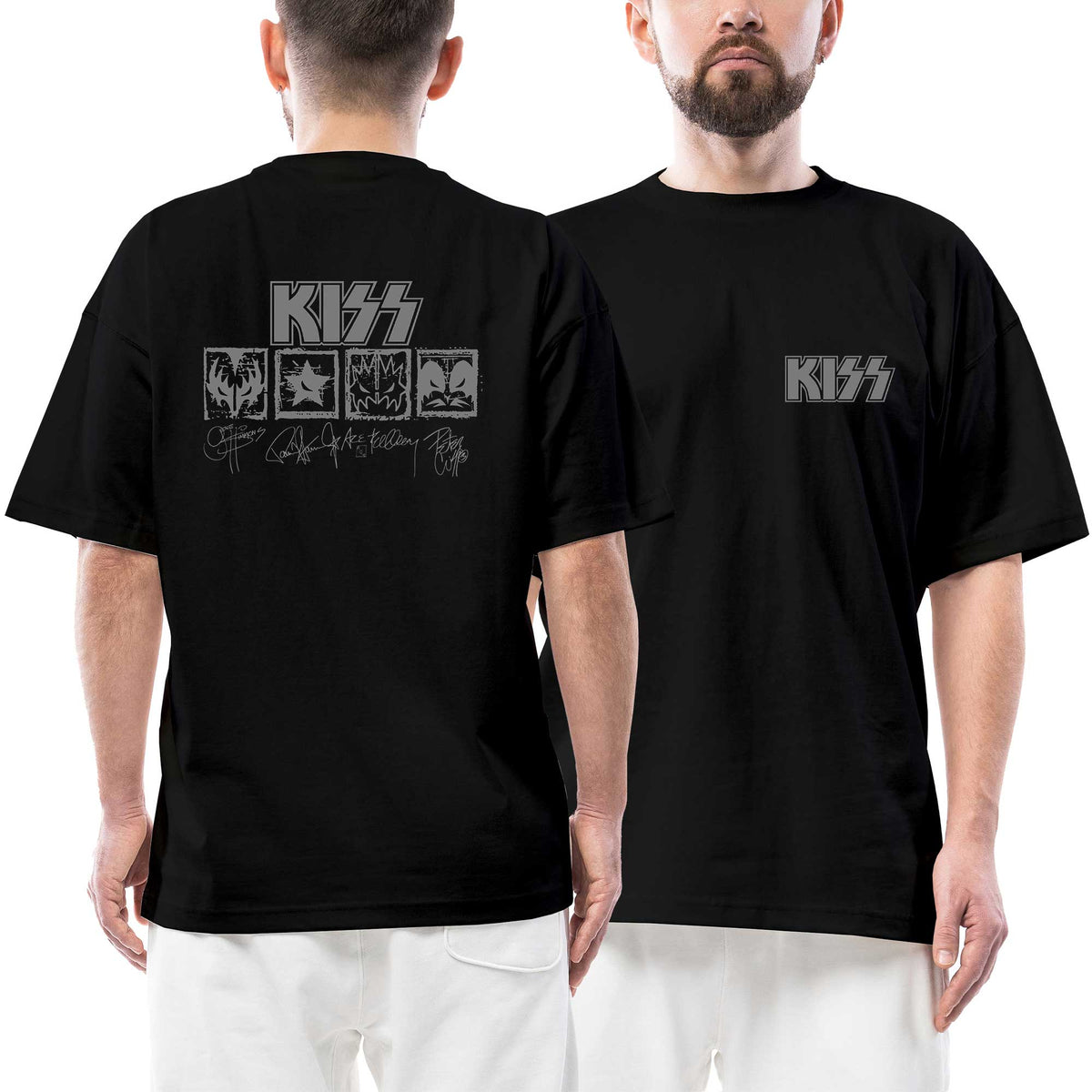 Kiss Text Logolar Ve imza Ön Arka Baskılı Siyah Oversize Tişört