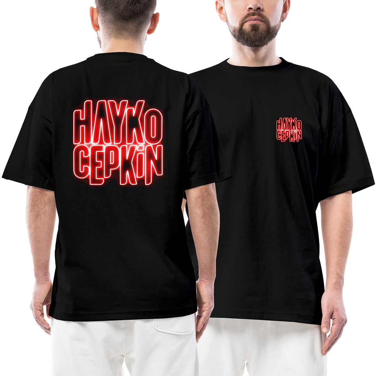 Hayko Cepkin Neon Text Ön Arka Baskılı Siyah Oversize Tişört