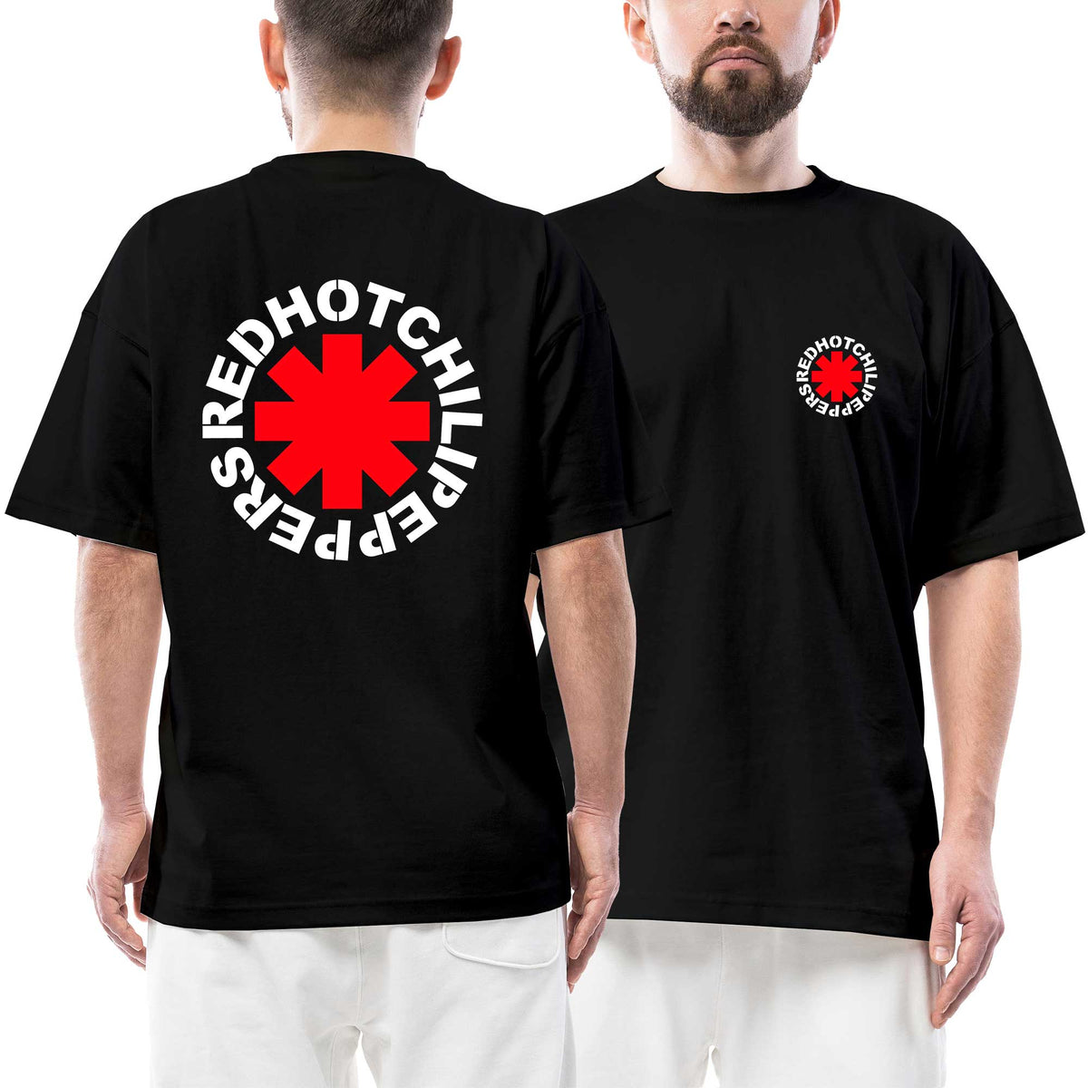 Red Hot Chili Peppers Symbol Ön Arka Baskılı Siyah Oversize Tişört