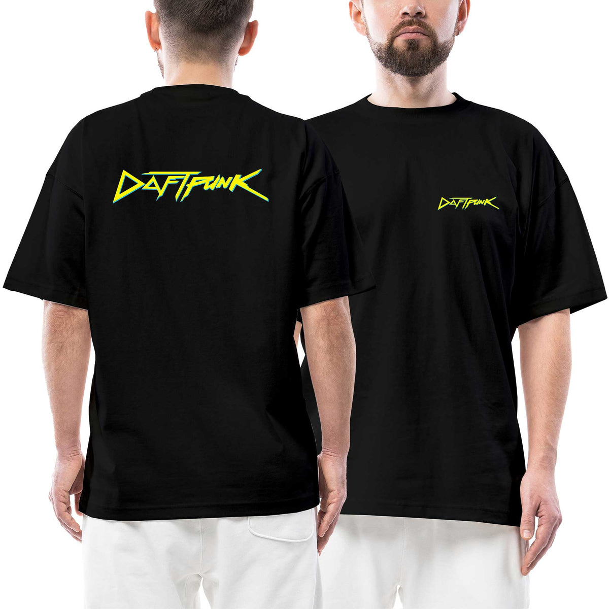 Daft Punk Logo Crossover Ön Arka Baskılı Siyah Oversize Tişört