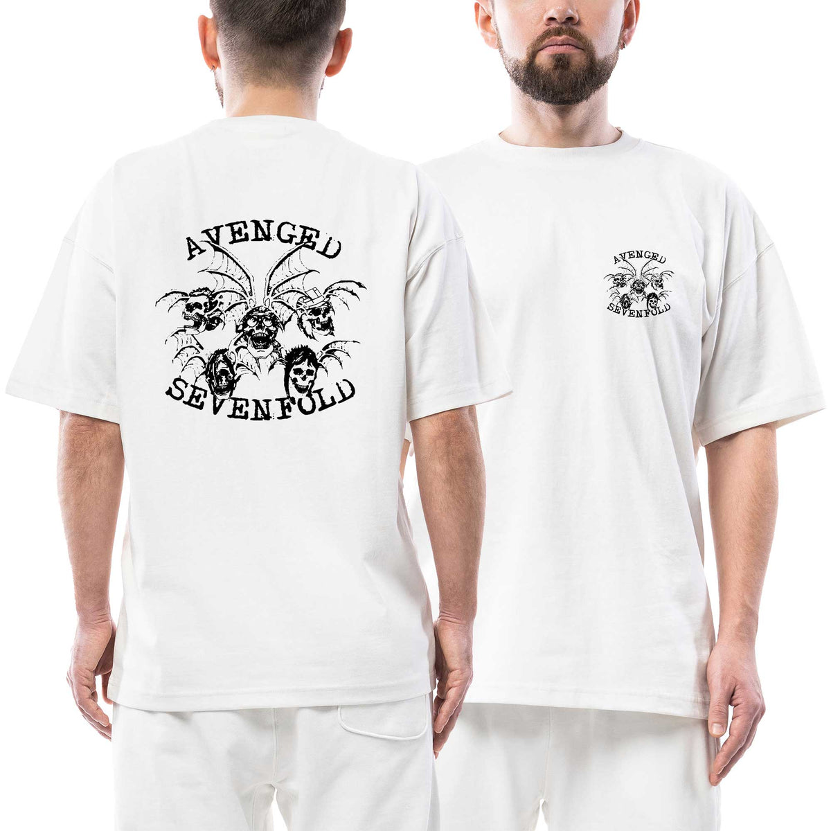 Avenged Sevenfold Smile Skulls Black Ön Arka Baskılı Beyaz Oversize Tişört