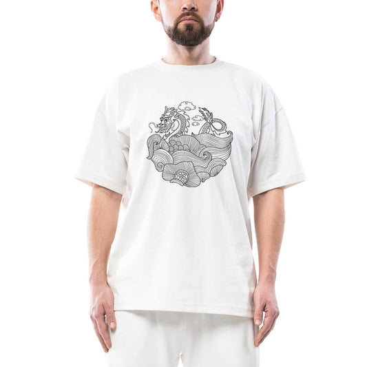 Dragon Pattern Oversize Beyaz Tişört