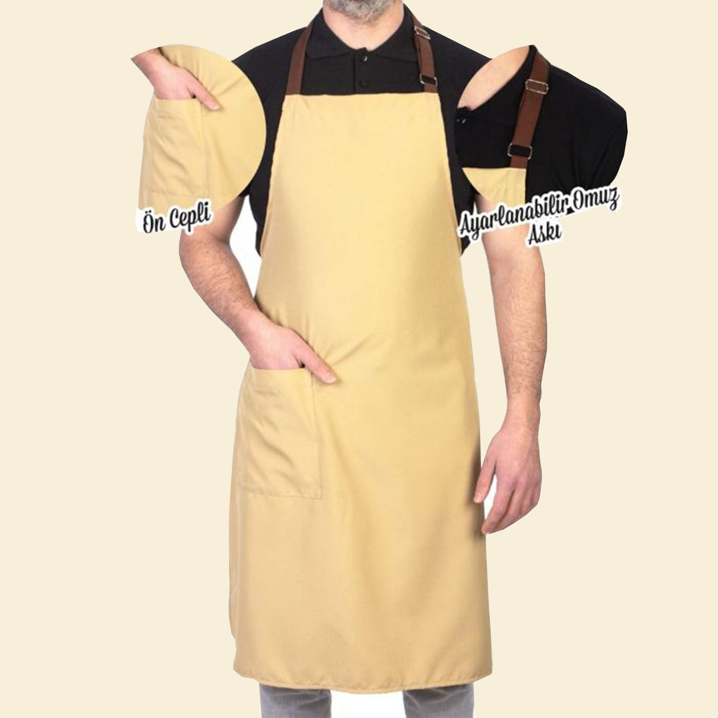 Mutfak Önlüğü Ayarlanabilir Krem Renk Kahverengi Boyun Askısı