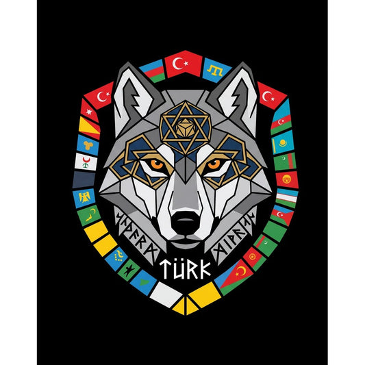 Renkli Bayrak Çerçeveli Gri Kurt Başı Baskılı Büyük Sırt Patch Yama