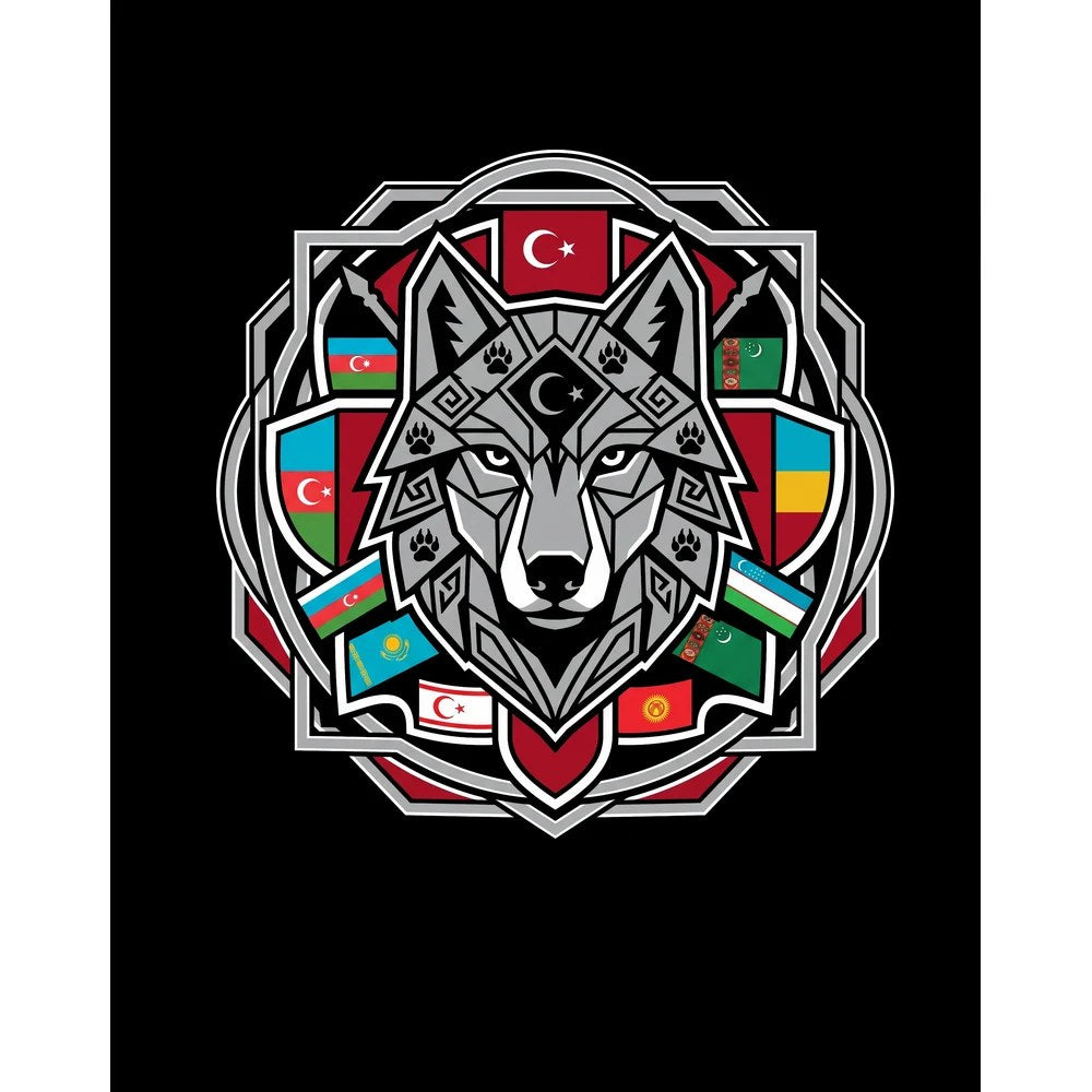 Mandala Desenli Bayraklı Gri Kurt Baskılı Büyük Sırt Patch Yama