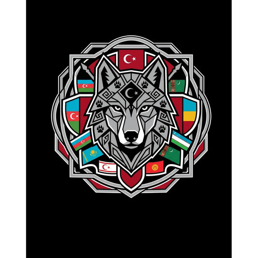 Mandala Desenli Bayraklı Gri Kurt Baskılı Büyük Sırt Patch Yama