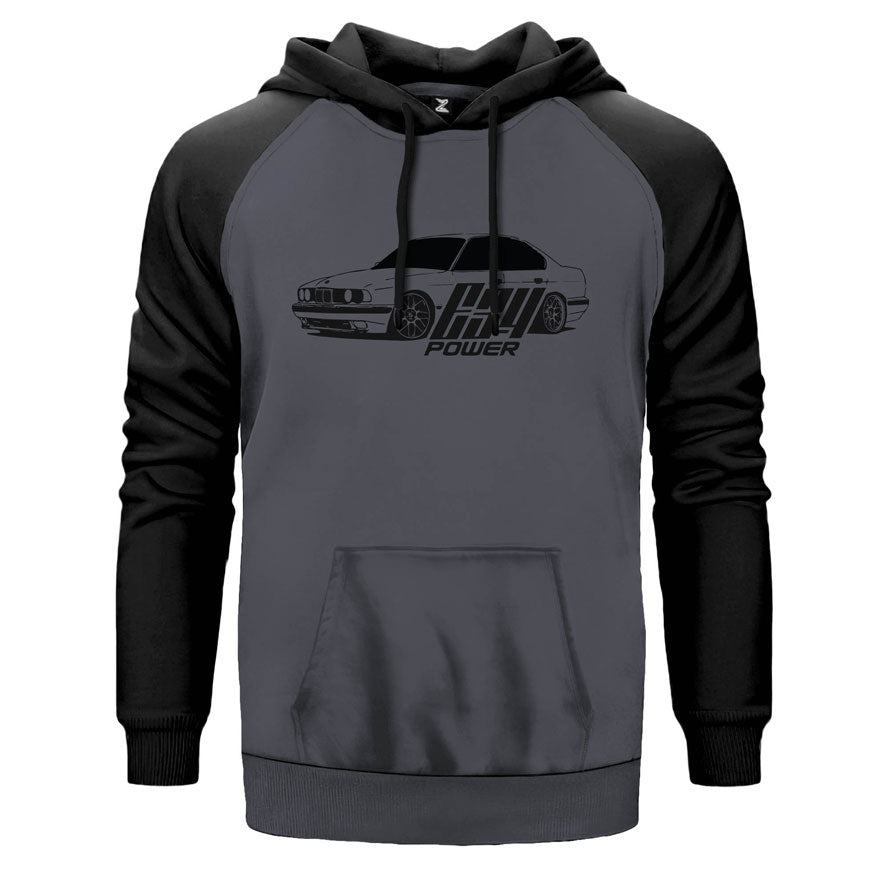 BMW E34 çift renk reglan kol kapşonlu sweatshirt - gri