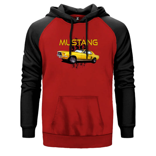 Ford Mustang 1967 Yellow çift renk reglan kol kapşonlu sweatshirt - kırmızı