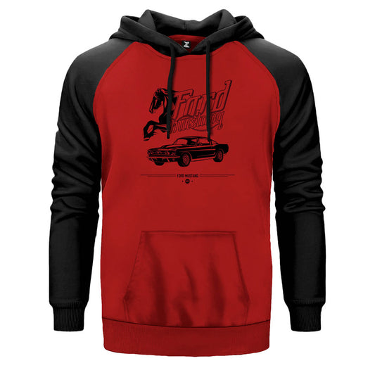 Mustang Ford çift renk reglan kol kapşonlu sweatshirt - kırmızı