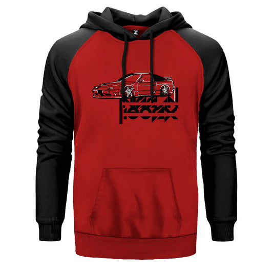 Nissan 200SX çift renk reglan kol kapşonlu sweatshirt - kırmızı