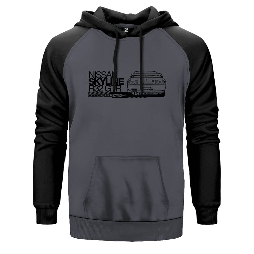 Nissan Skyline çift renk reglan kol kapşonlu sweatshirt - gri