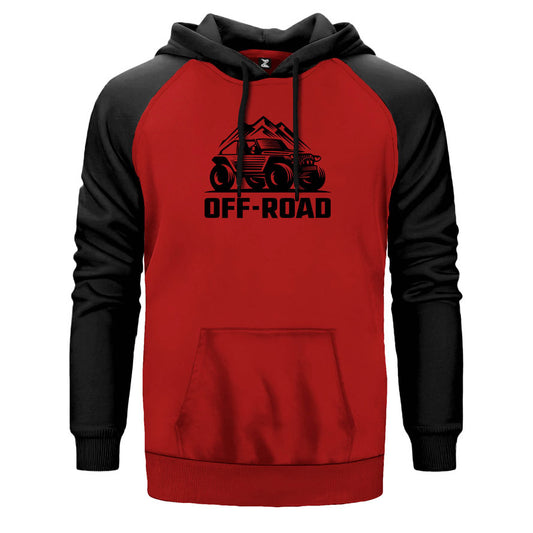 Off Road çift renk reglan kol kapşonlu sweatshirt - kırmızı