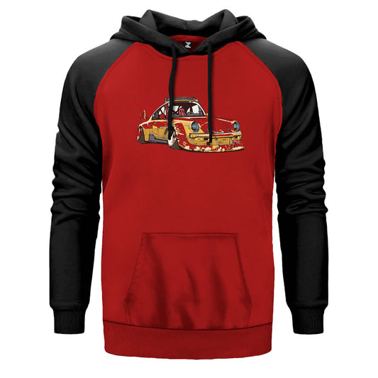 Vosvos Vintage çift renk reglan kol kapşonlu sweatshirt - kırmızı