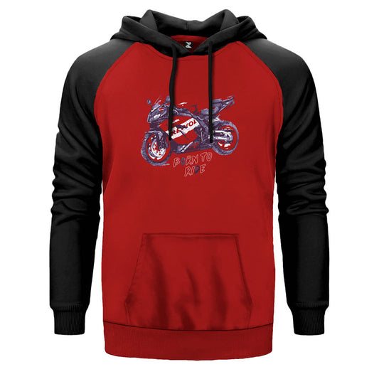 Born To Ride çift renk reglan kol kapşonlu sweatshirt - kırmızı