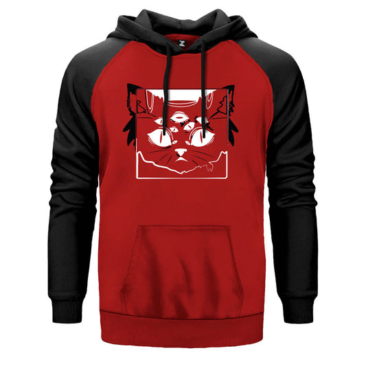 Cat Chakra çift renk reglan kol kapşonlu sweatshirt - kırmızı