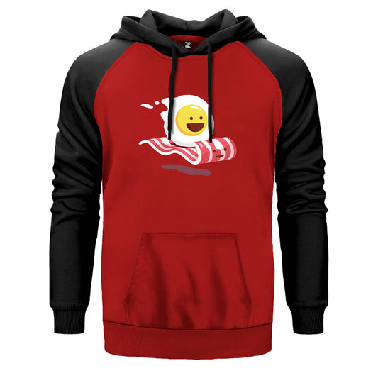 Yumurtanın Sihirli Jambonu çift renk reglan kol kapşonlu sweatshirt - kırmızı