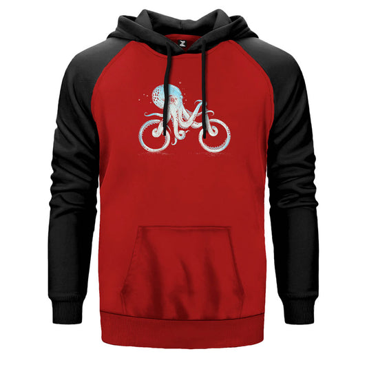 Octopus Biker çift renk reglan kol kapşonlu sweatshirt - kırmızı