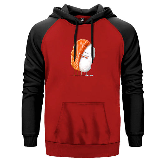 Sushi Love çift renk reglan kol kapşonlu sweatshirt - kırmızı