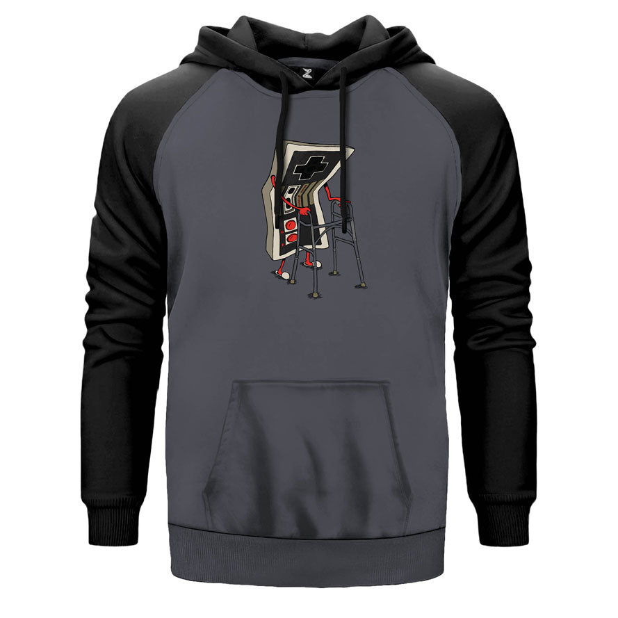 Game Boy Vintage çift renk reglan kol kapşonlu sweatshirt - gri