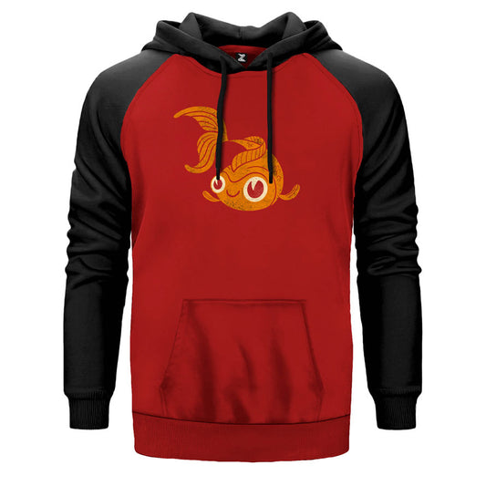 Fish Smiley çift renk reglan kol kapşonlu sweatshirt - kırmızı