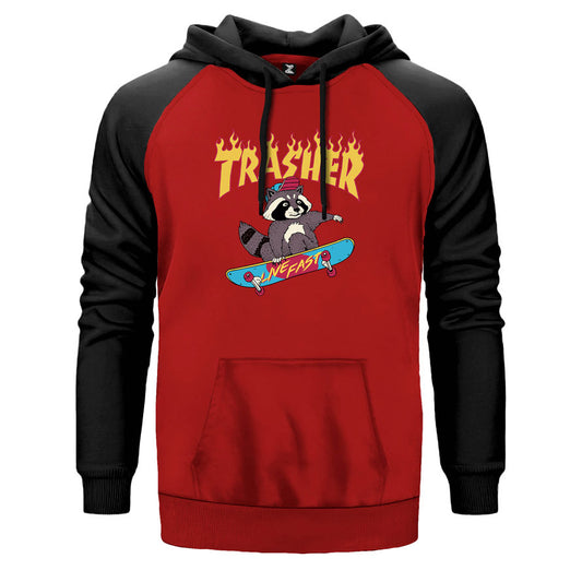 Thrasher Skate Racoon çift renk reglan kol kapşonlu sweatshirt - kırmızı