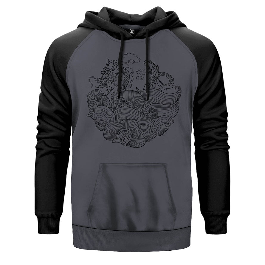 Dragon Pattern çift renk reglan kol kapşonlu sweatshirt - gri
