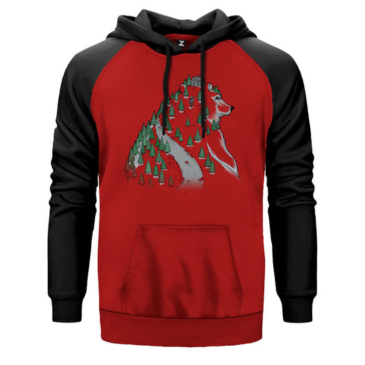 Forest Bear çift renk reglan kol kapşonlu sweatshirt - kırmızı