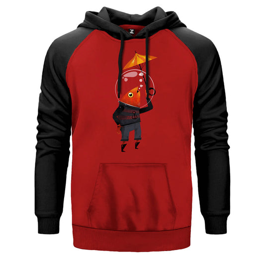 Fish On Water çift renk reglan kol kapşonlu sweatshirt - kırmızı