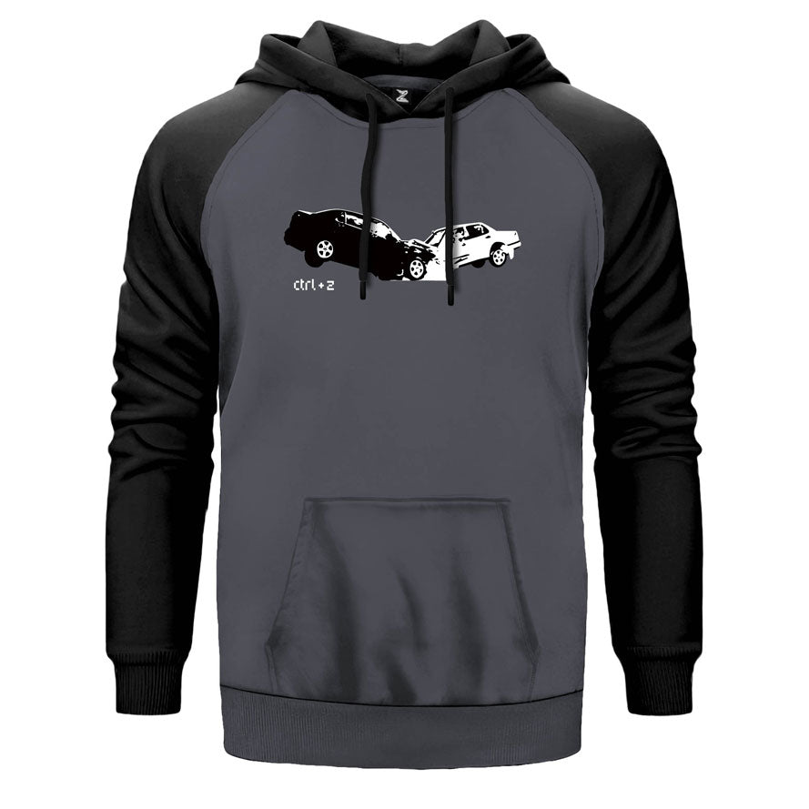 Life Hack CTRL+Z çift renk reglan kol kapşonlu sweatshirt - gri