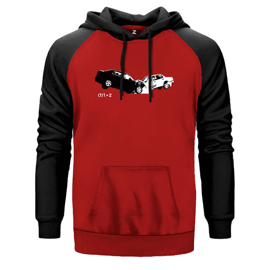 Life Hack CTRL+Z çift renk reglan kol kapşonlu sweatshirt - kırmızı