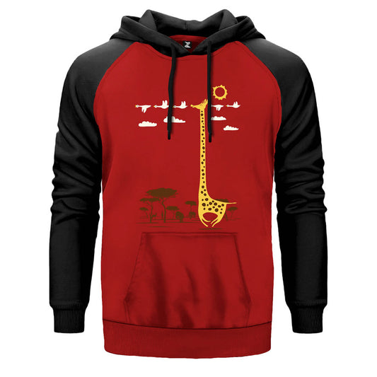 Zürafa Mutlu çift renk reglan kol kapşonlu sweatshirt - kırmızı