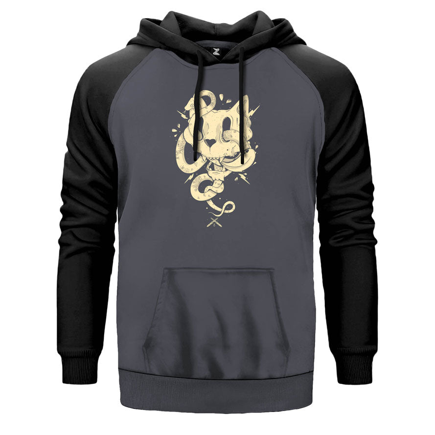 Cat Skull çift renk reglan kol kapşonlu sweatshirt - gri