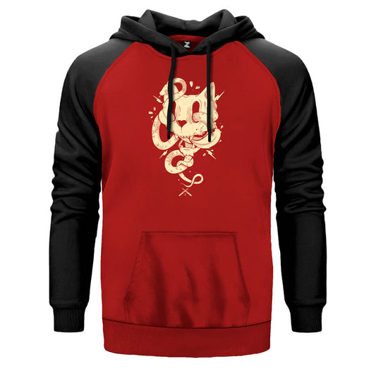 Cat Skull çift renk reglan kol kapşonlu sweatshirt - kırmızı