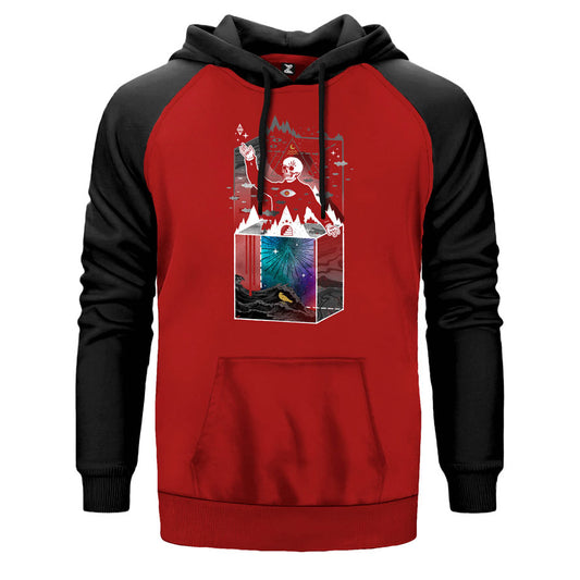Evren çift renk reglan kol kapşonlu sweatshirt - kırmızı