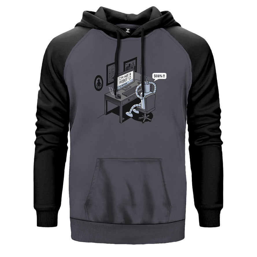 Im Not A Robot çift renk reglan kol kapşonlu sweatshirt - gri