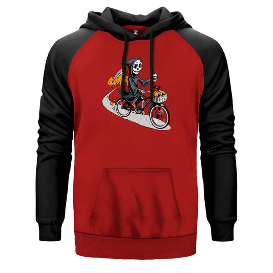Bike Skeleton çift renk reglan kol kapşonlu sweatshirt - kırmızı