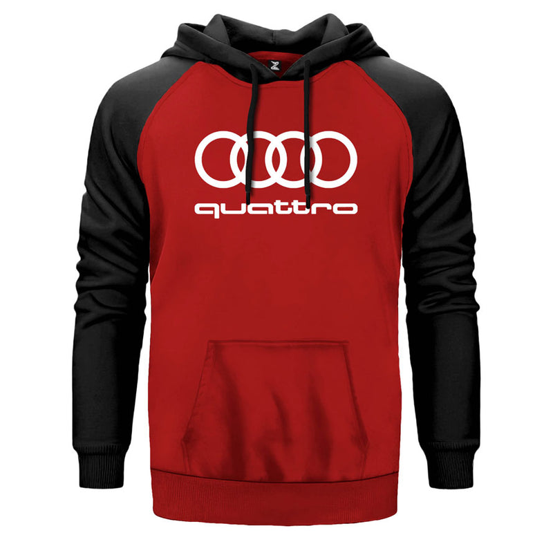 Audi Quattro çift renk reglan kol kapşonlu sweatshirt - kırmızı