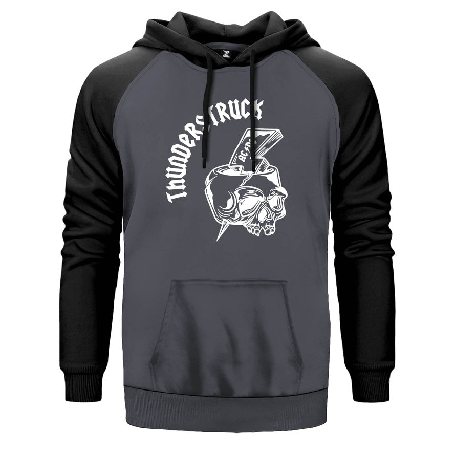 AC DC Thunderstuck Skull çift renk reglan kol kapşonlu sweatshirt - gri