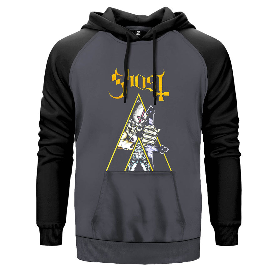 Ghost Cross çift renk reglan kol kapşonlu sweatshirt - gri