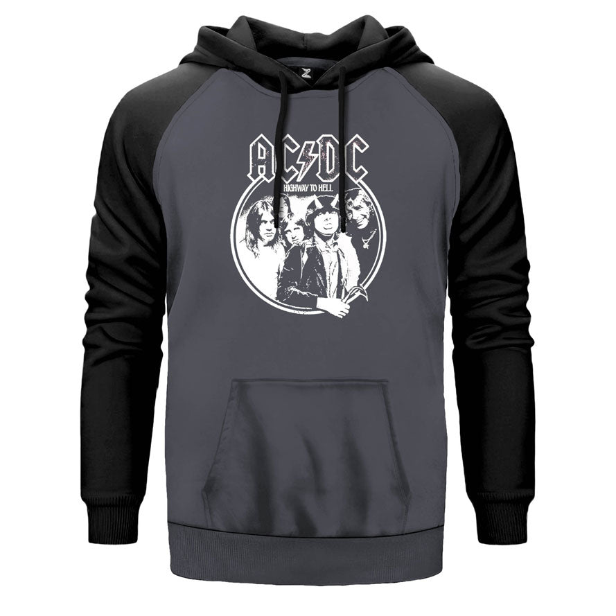 AC DC Highway to Hell çift renk reglan kol kapşonlu sweatshirt - gri