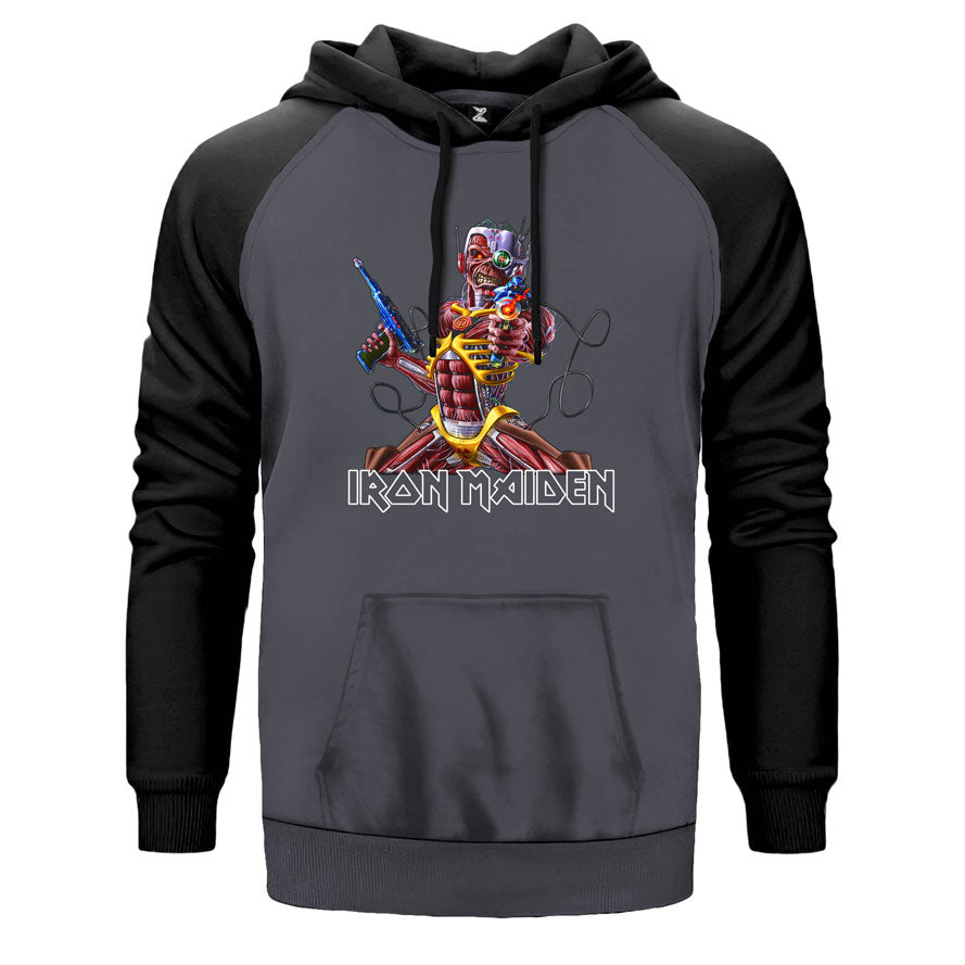Iron Maiden in the War çift renk reglan kol kapşonlu sweatshirt - gri