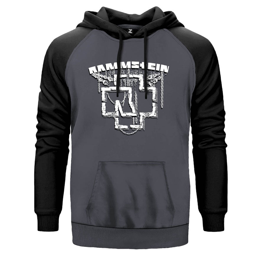 Rammstein Chain Logo çift renk reglan kol kapşonlu sweatshirt - gri