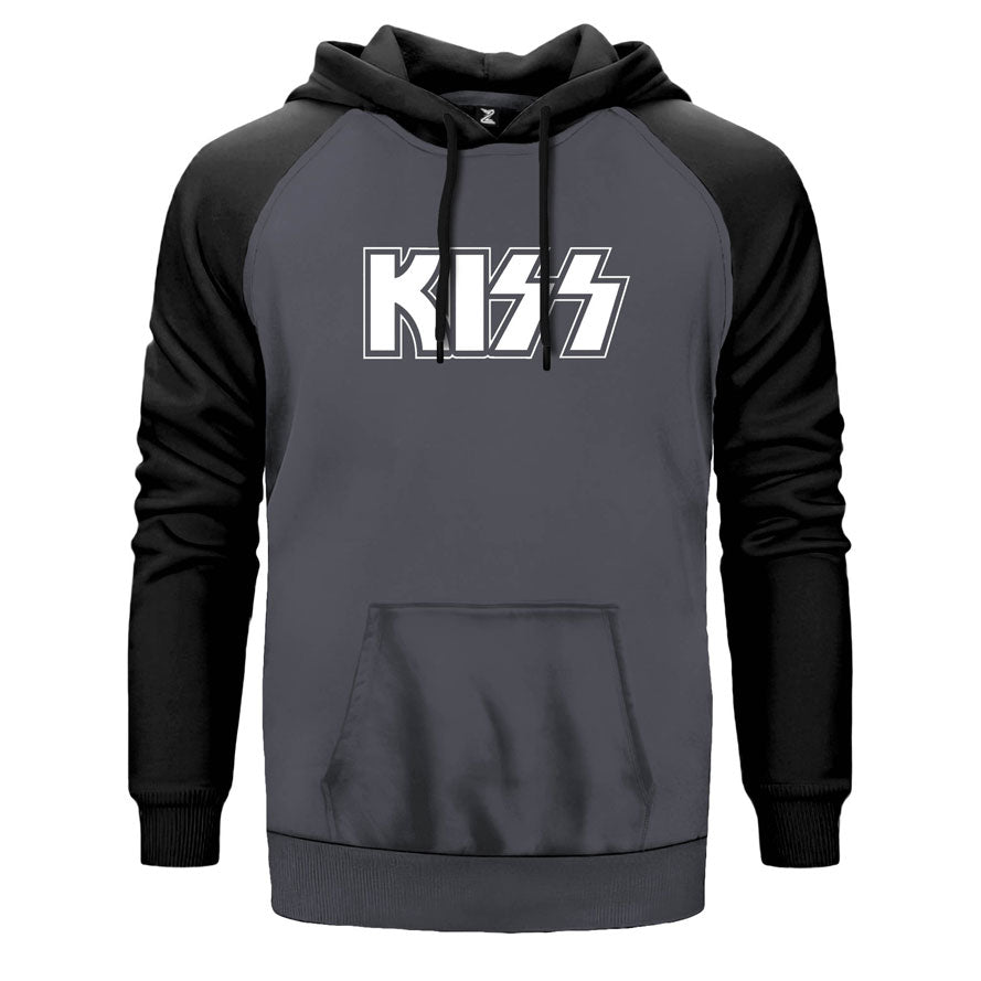 Kiss Logo çift renk reglan kol kapşonlu sweatshirt - gri