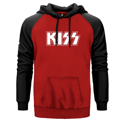 Kiss Logo çift renk reglan kol kapşonlu sweatshirt - kırmızı