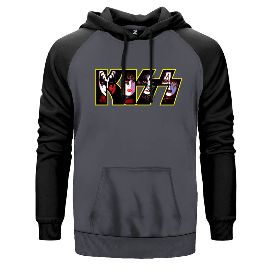 Kiss Group in Logo çift renk reglan kol kapşonlu sweatshirt - gri