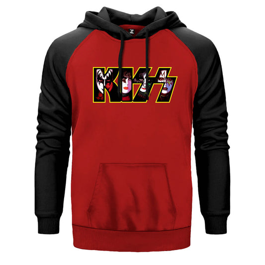 Kiss Group in Logo çift renk reglan kol kapşonlu sweatshirt - kırmızı