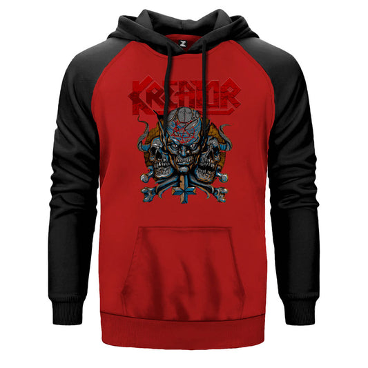 Kreator Devils çift renk reglan kol kapşonlu sweatshirt - kırmızı