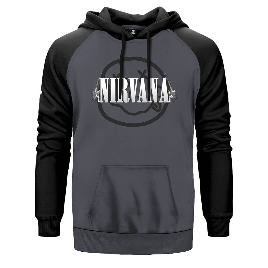 Nirvana Guitar çift renk reglan kol kapşonlu sweatshirt - gri